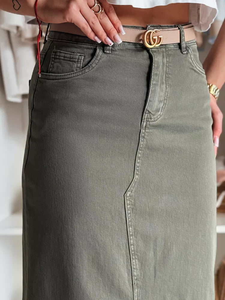Denim green skirt with slit Midiway