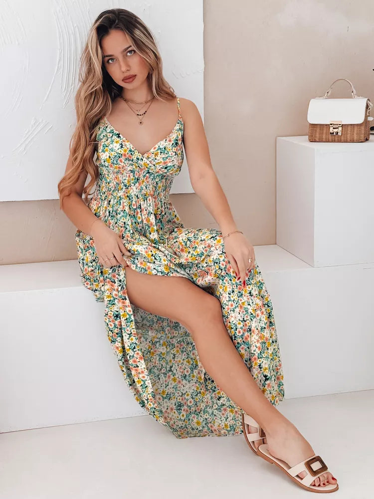 Women's long dress with green flowers Flori