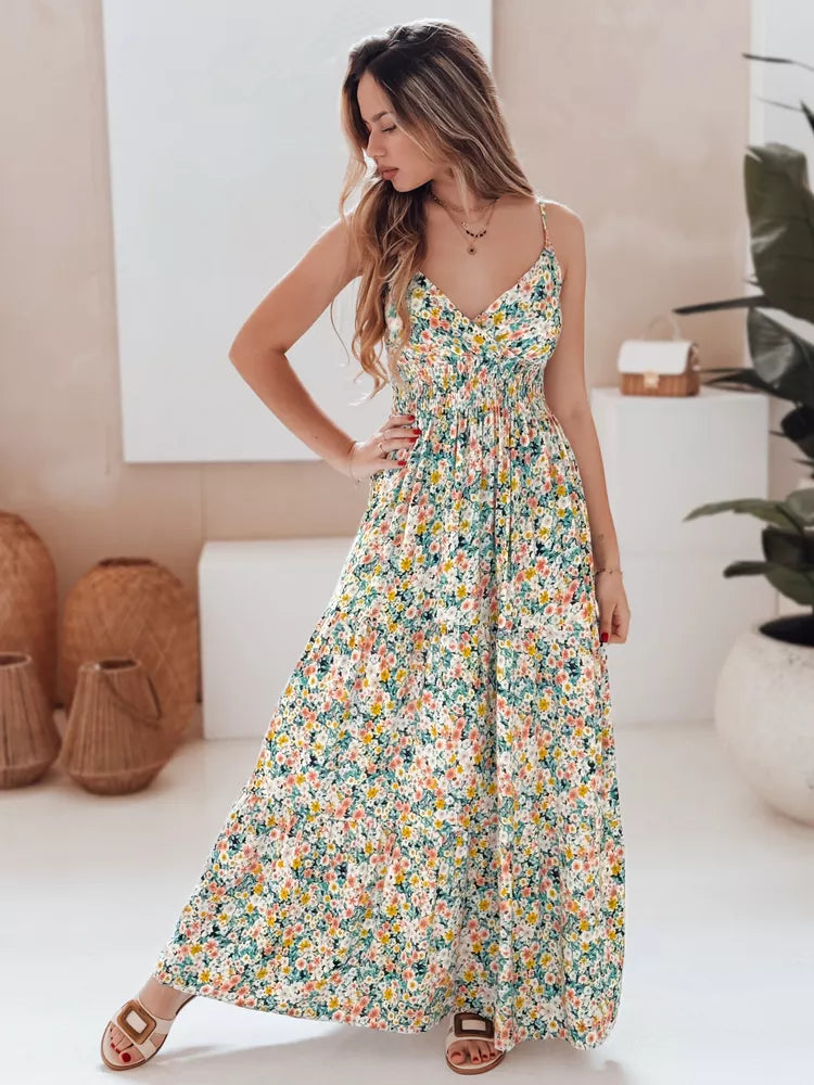 Women's long dress with green flowers Flori