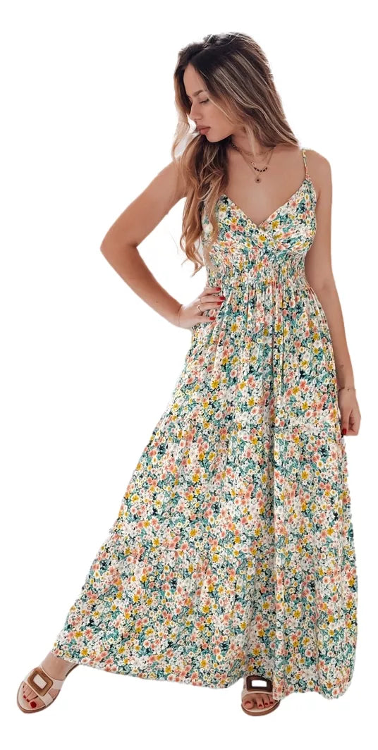 Women's long dress with green flowers Flori
