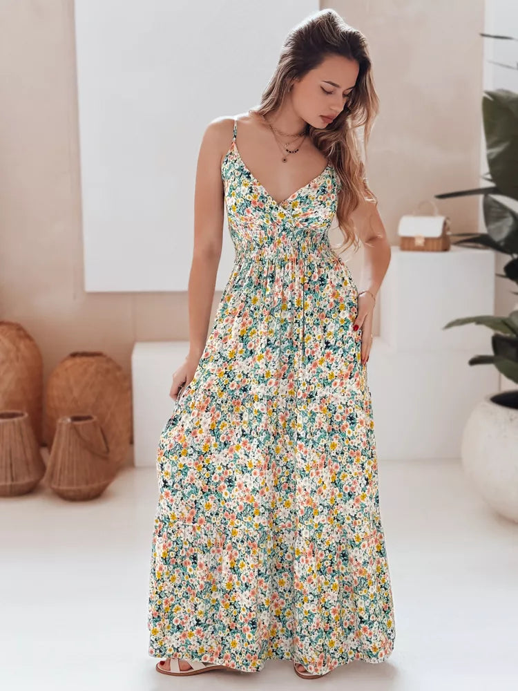 Women's long dress with green flowers Flori