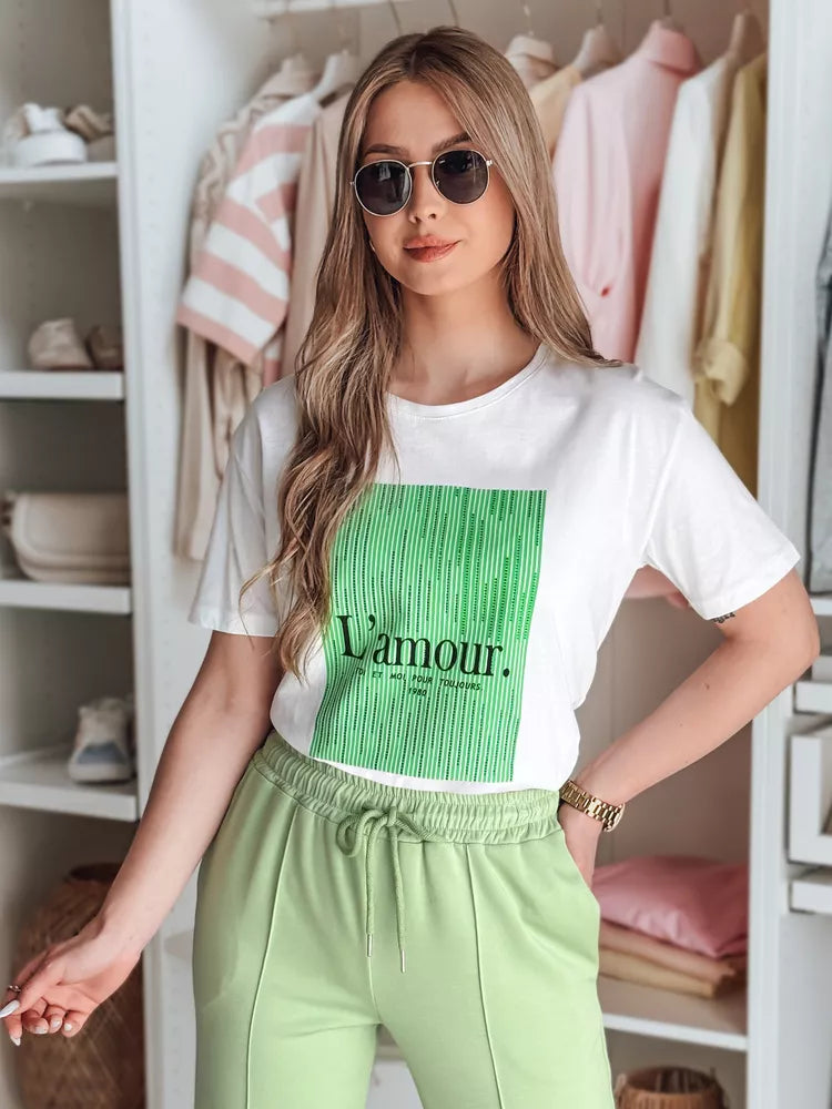 Women's white T-shirt with green design Lamur