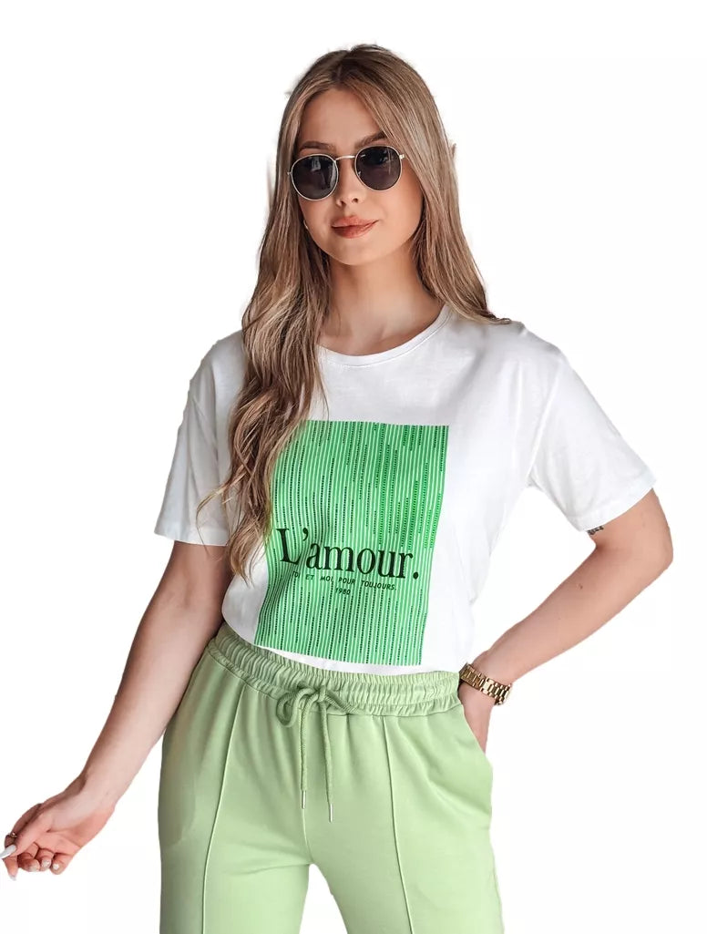 Women's white T-shirt with green design Lamur