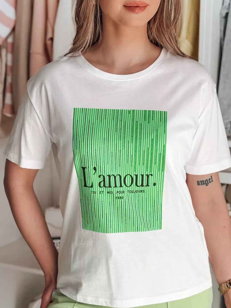 Women's white T-shirt with green design Lamur