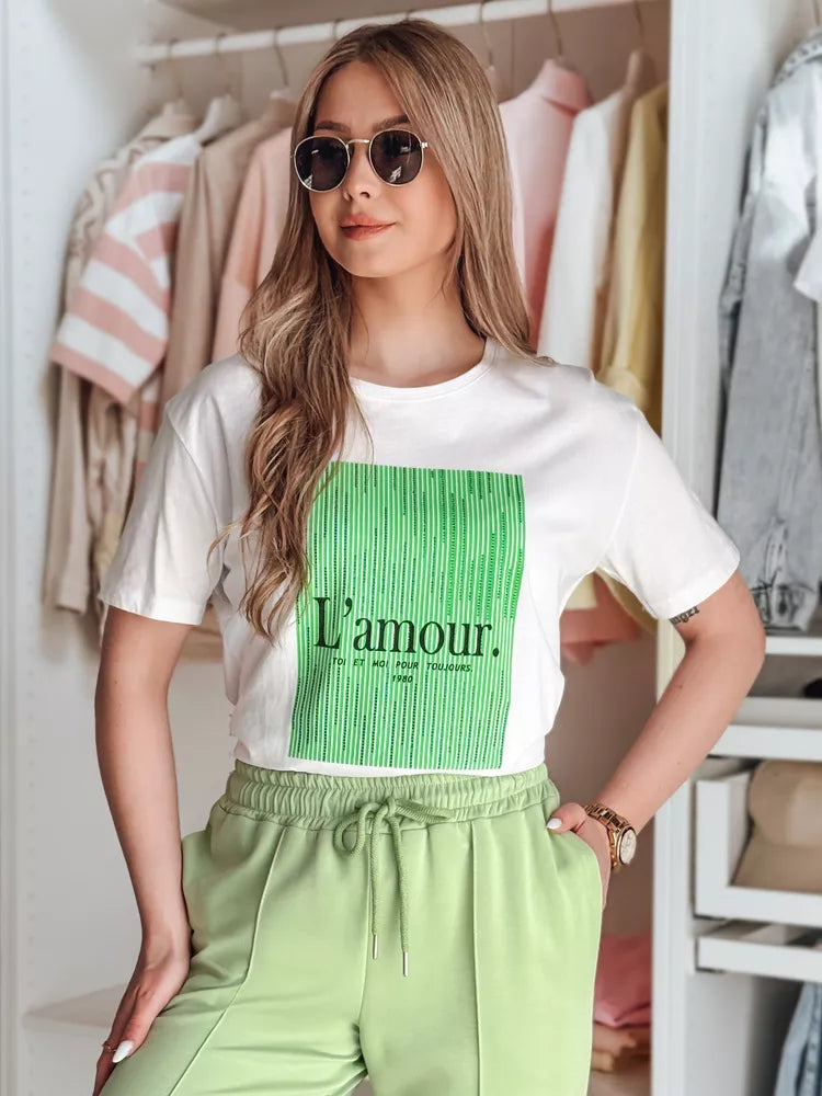 Women's white T-shirt with green design Lamur