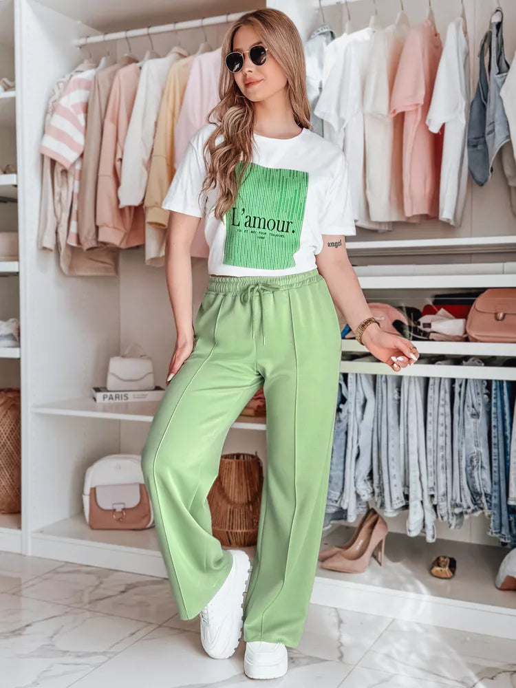 Women's white T-shirt with green design Lamur