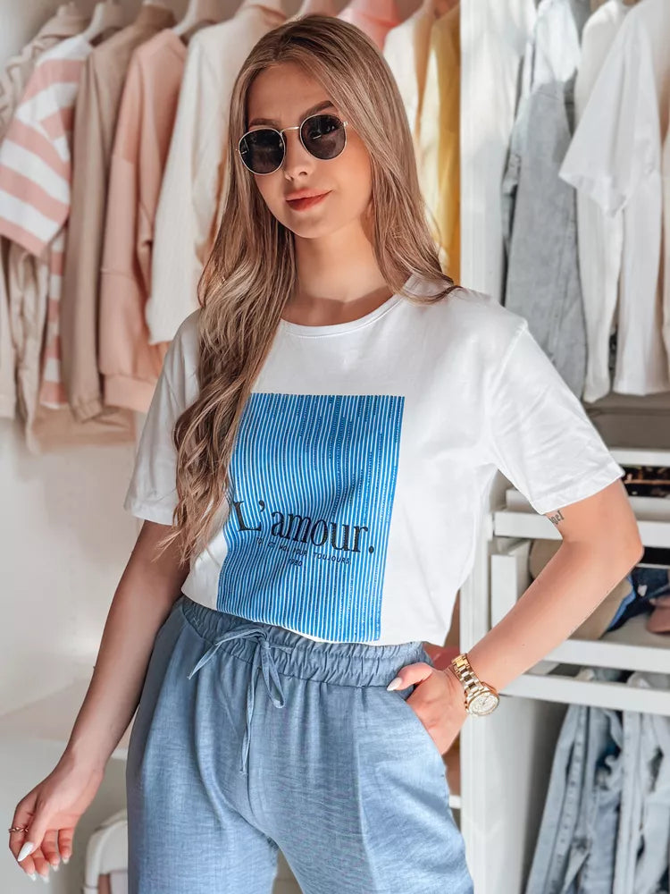 Women's white T-shirt with blue design Lamur