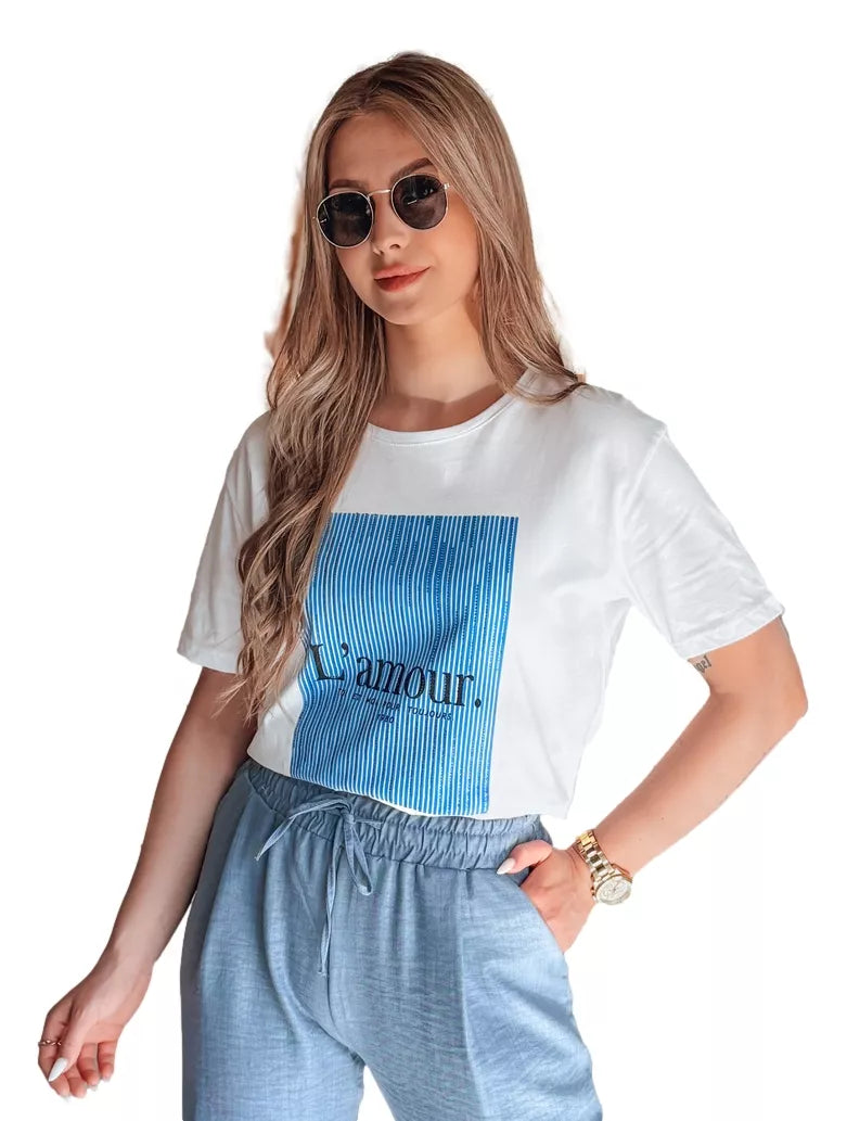 Women's white T-shirt with blue design Lamur