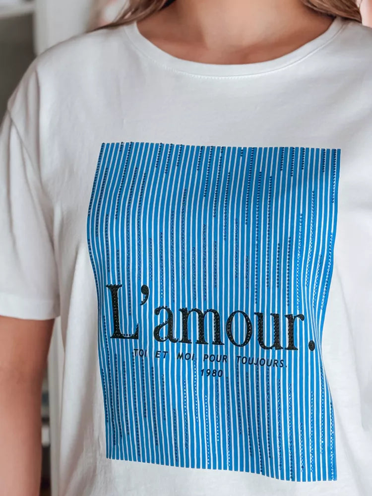 Women's white T-shirt with blue design Lamur
