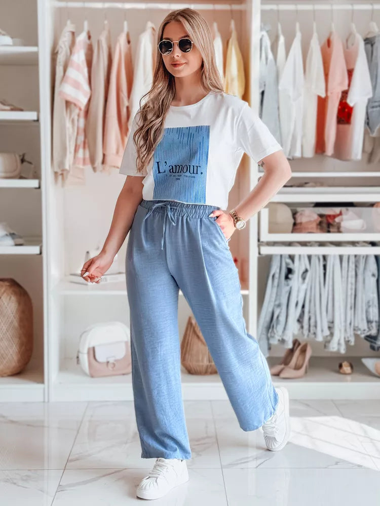 Women's white T-shirt with blue design Lamur