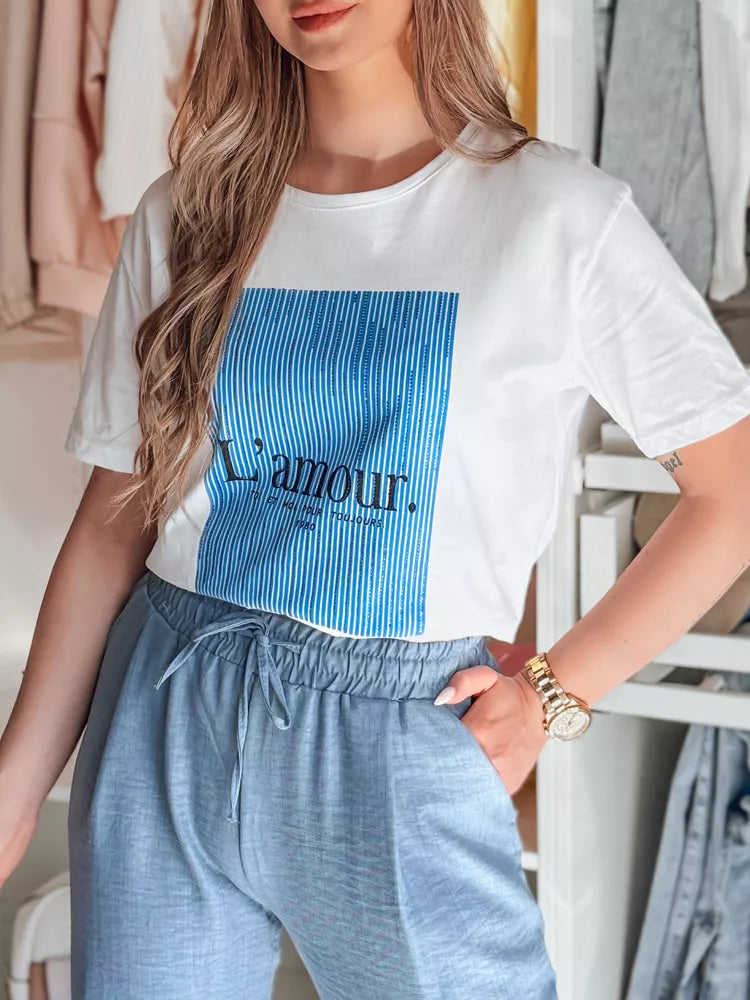 Women's white T-shirt with blue design Lamur