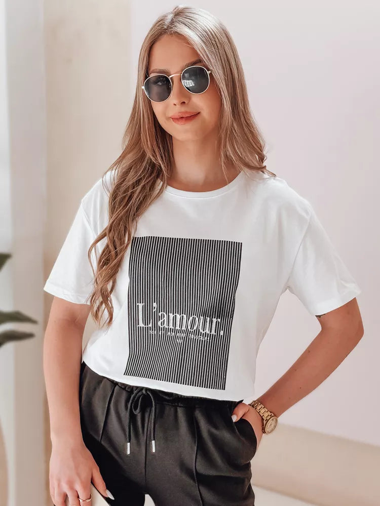 Women's white with black design T-shirt Lamur