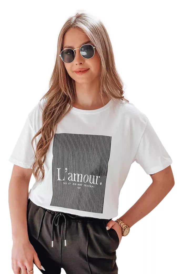Women's white with black design T-shirt Lamur
