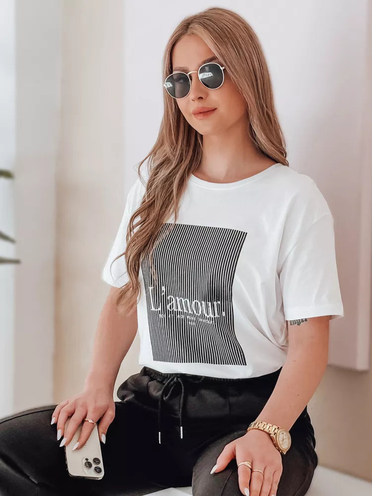 Women's white with black design T-shirt Lamur