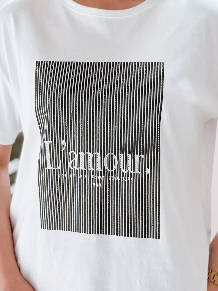 Women's white with black design T-shirt Lamur