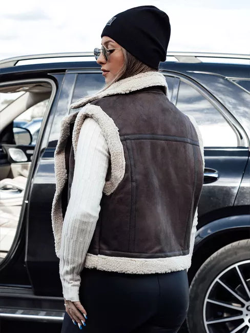 Women's dark brown vest with fur Wool