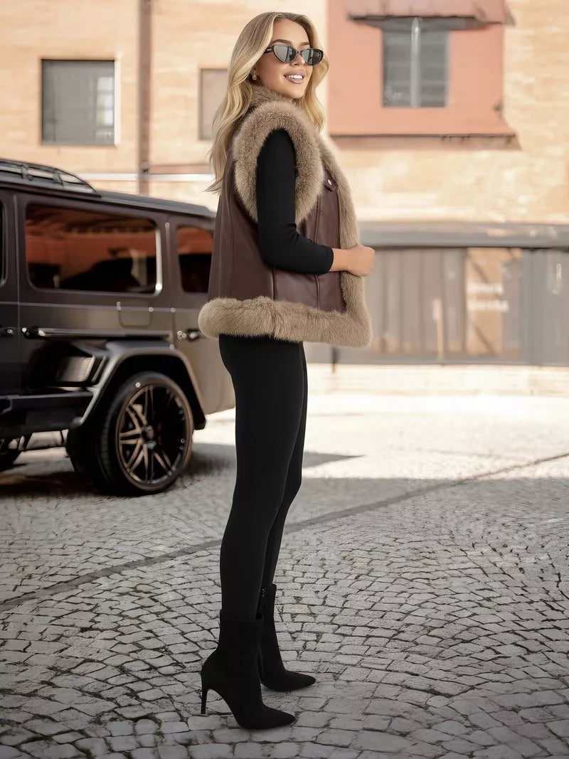 Women's dark brown leather vest with fur