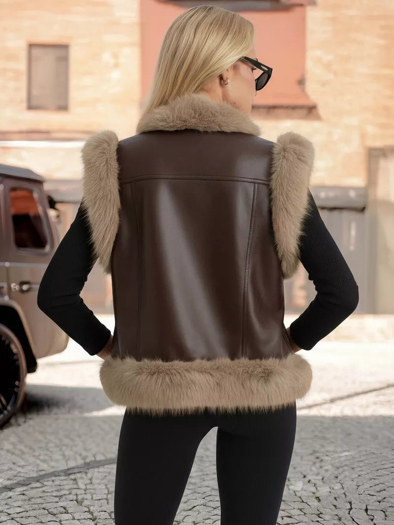 Women's dark brown leather vest with fur