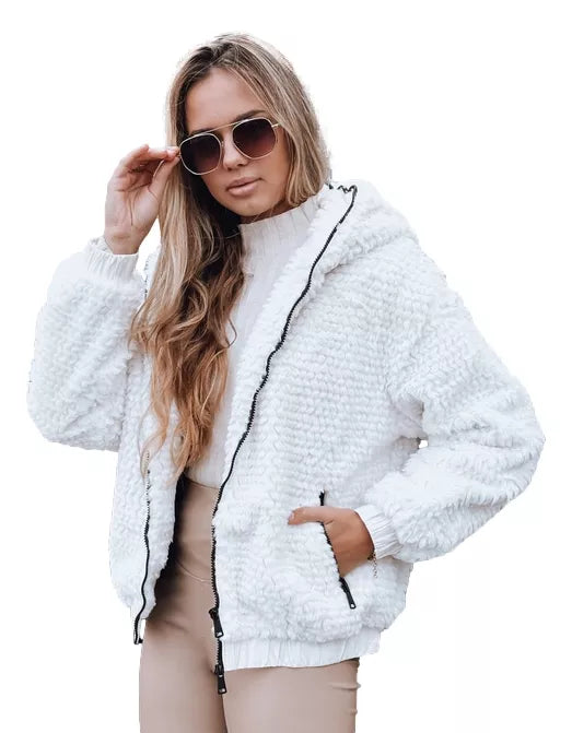 Women's white fur jacket with hood Jules