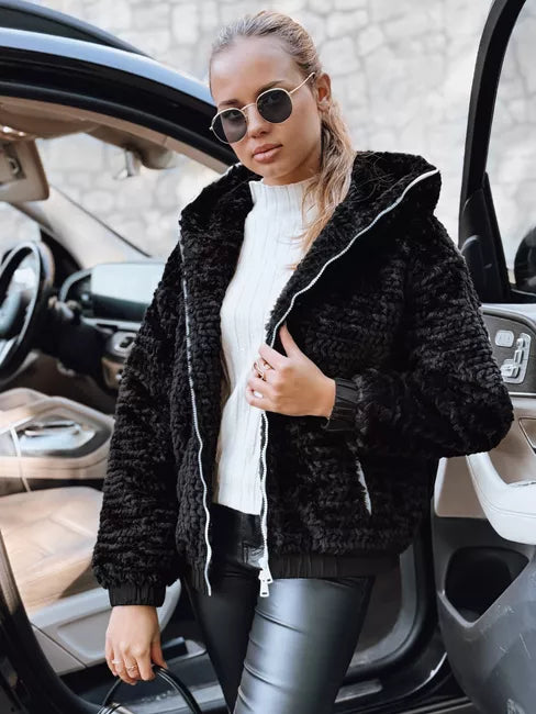 Women's black fur jacket with hood Jules