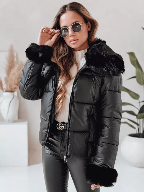 Women's black short jacket with fur Flora
