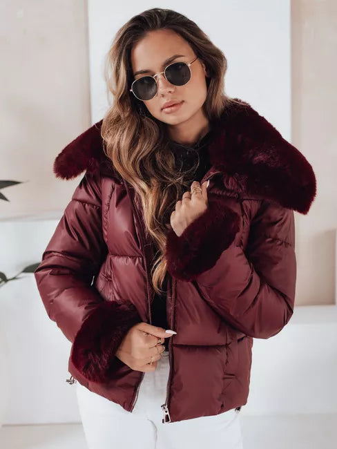 Women's burgundy short jacket with fur Flora