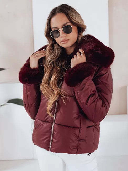 Women's burgundy short jacket with fur Flora