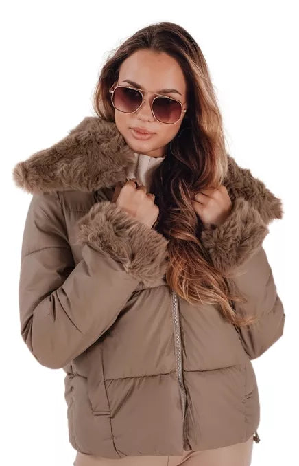 Women's brown short jacket with fur Flora