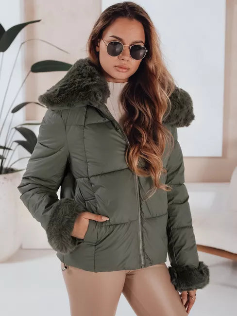 Women's green short jacket with fur Flora