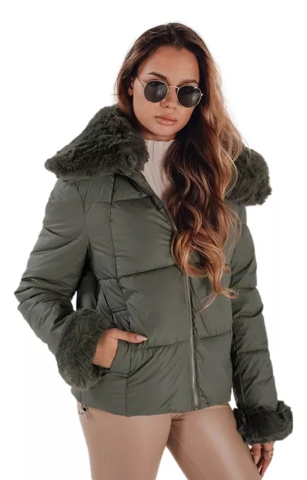 Women's green short jacket with fur Flora