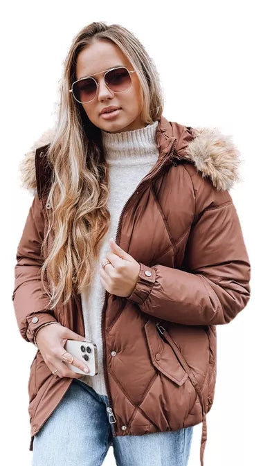 Women's brown winter jacket with hood Mari