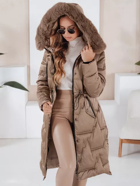Women's long winter jacket with fur in light brown color Velis