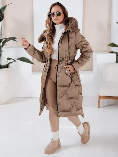 Women's long winter jacket with fur in light brown color Velis