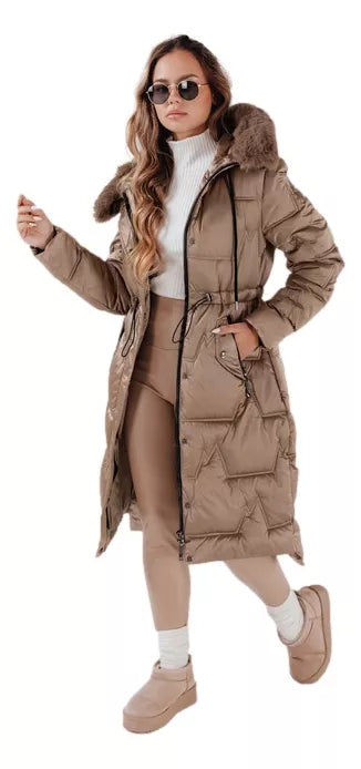 Women's long winter jacket with fur in light brown color Velis