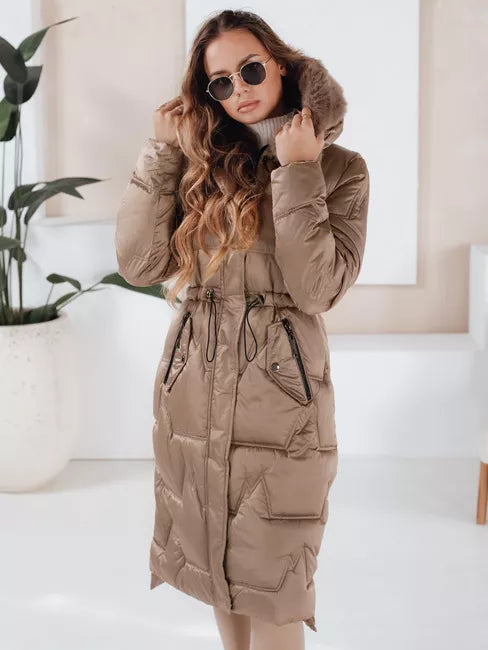 Women's long winter jacket with fur in light brown color Velis