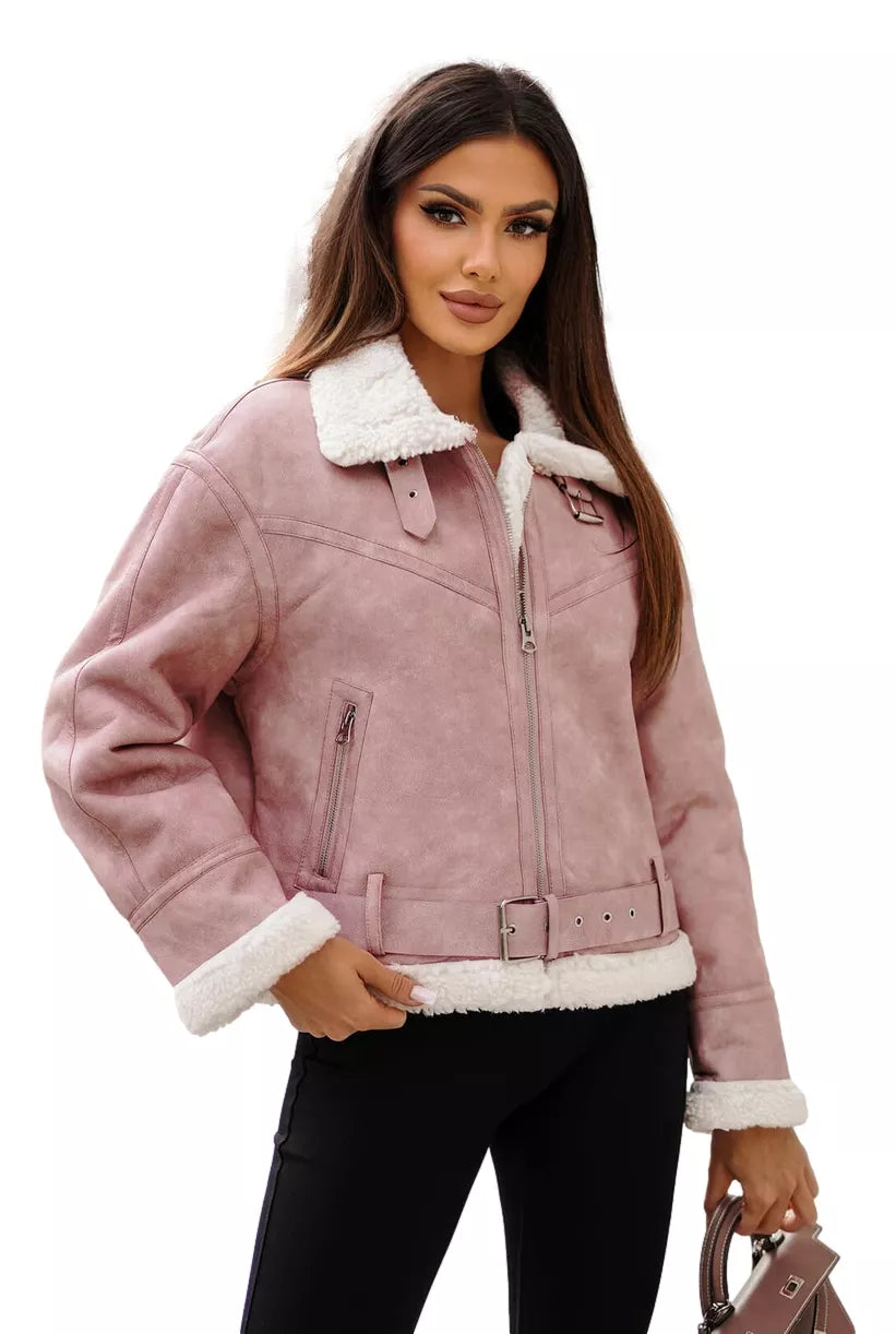 Pink leather jacket with white patch Camila
