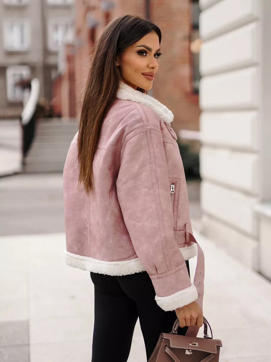 Pink leather jacket with white patch Camila