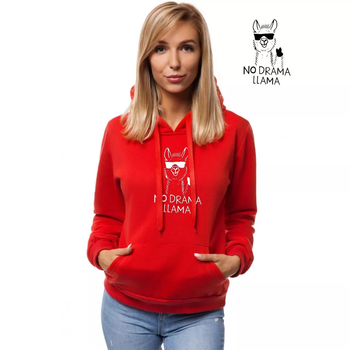 Red women's hoodie No drama Llama