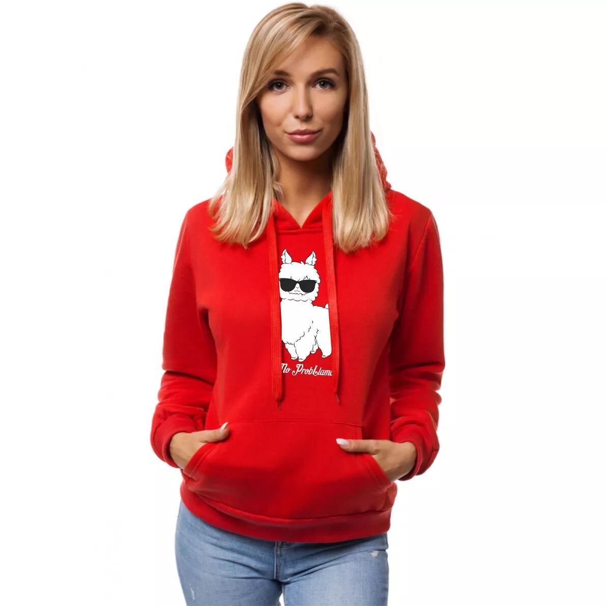 Red women's hoodie No ProbLlama