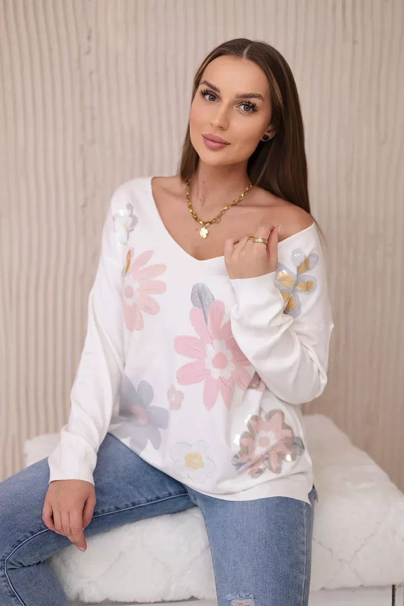Women's white blouse with colorful flowers Spring