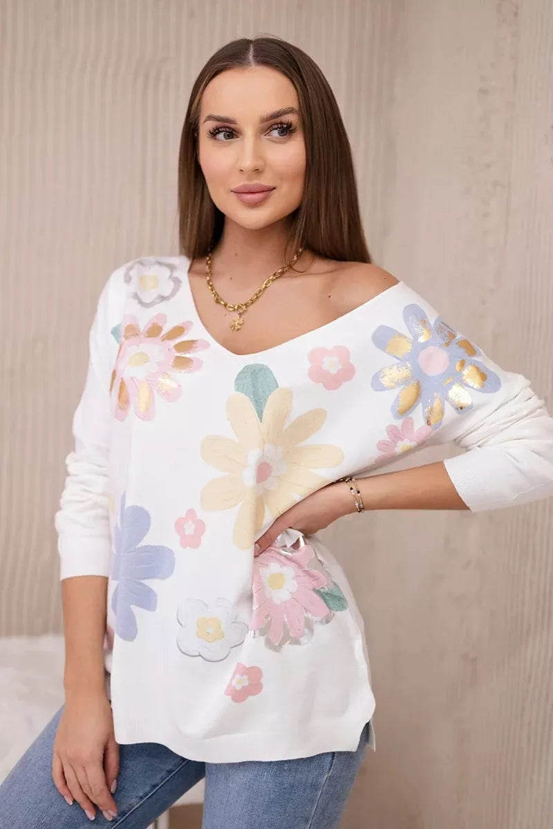 Women's white blouse with colorful flowers Spring