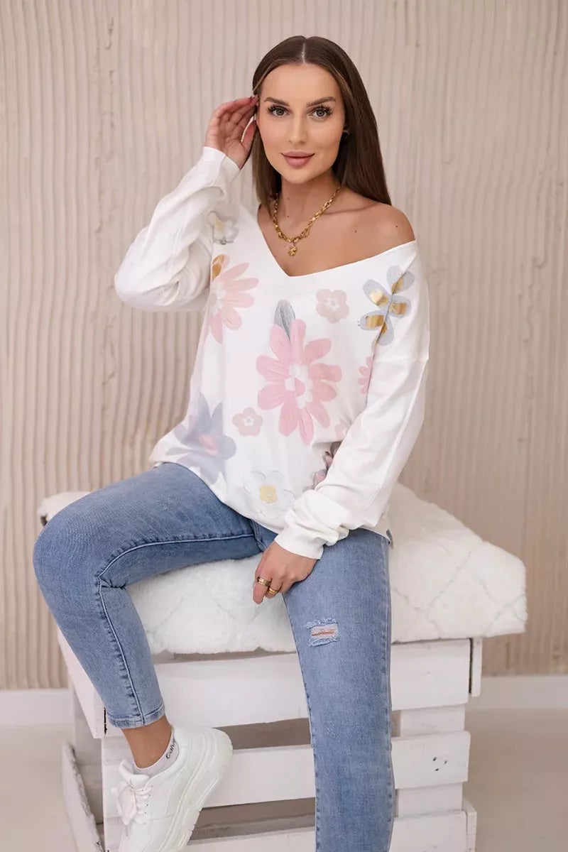 Women's white blouse with colorful flowers Spring