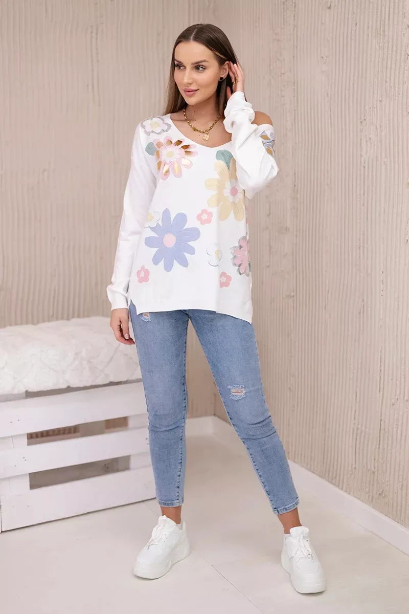 Women's white blouse with colorful flowers Spring