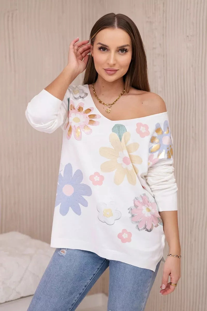 Women's white blouse with colorful flowers Spring