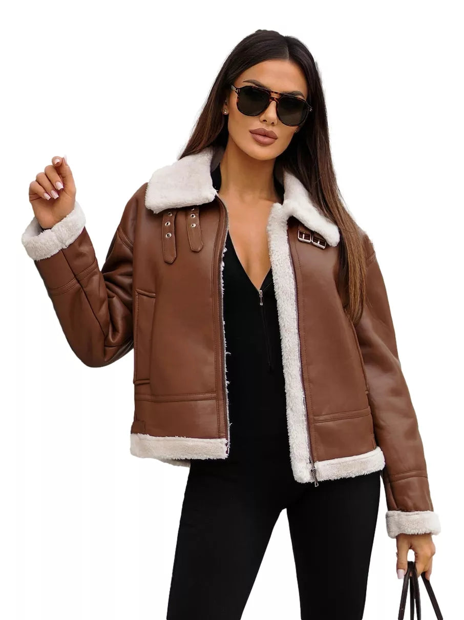 Women's brown leather jacket with fur Maria