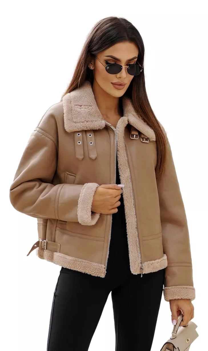 Women's brown leather jacket with fur Maria