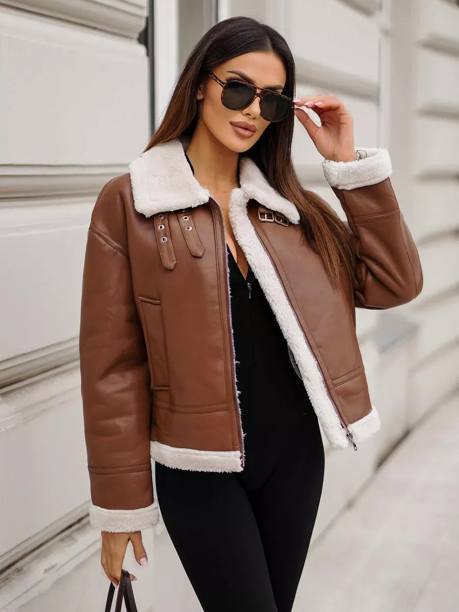 Women's brown leather jacket with fur Maria