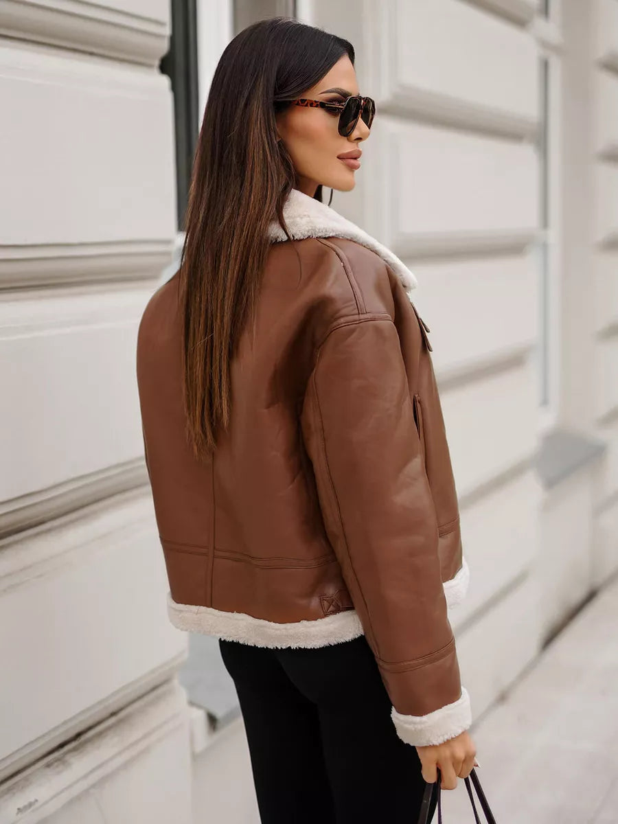 Women's brown leather jacket with fur Maria