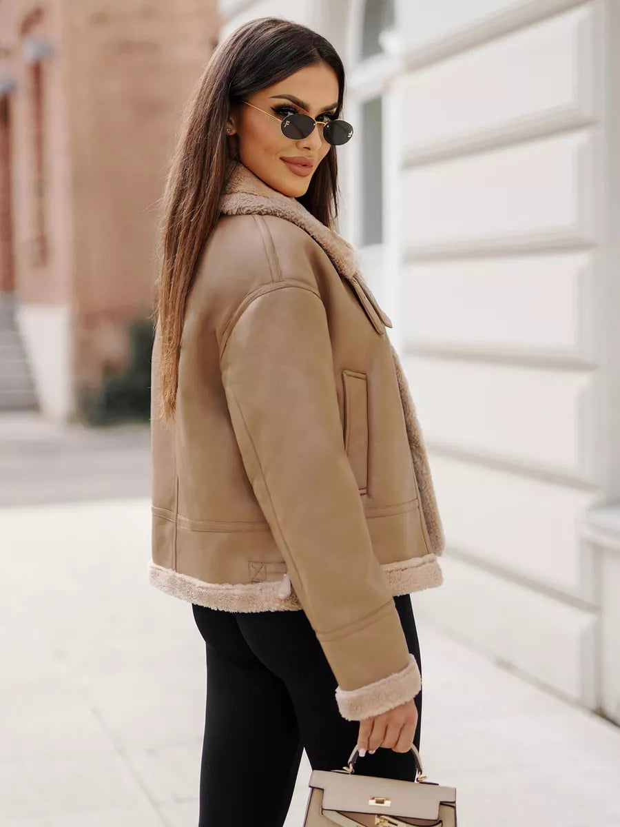 Women's brown leather jacket with fur Maria