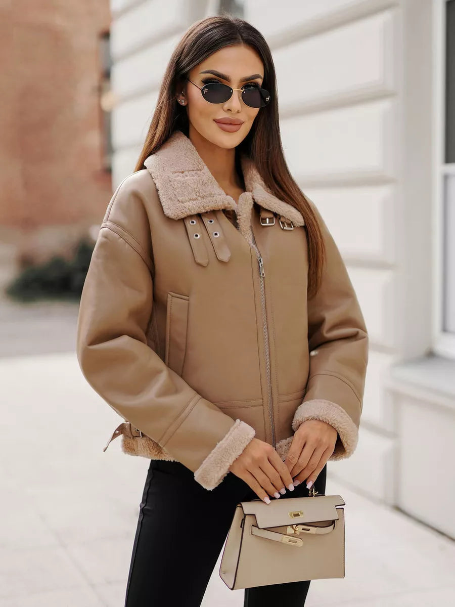 Women's brown leather jacket with fur Maria